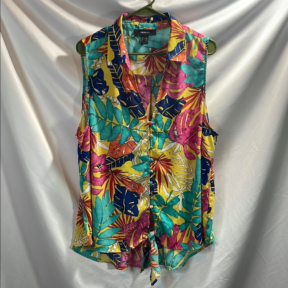 Forever 21  Plus Blue Yellow Tie Front Sleeveless Blouse